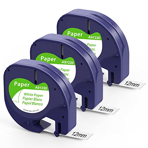 Fimax Kompatible mit Dymo Letratag Etikettenband 12mm x 4m White Paper Tape für Dymo LetraTag LT-100H LT-100T LT-110T XR XM QX50 2000, Schwarz auf Weiß Schriftband 91220 Band Papier, 3er-Pack Cover
