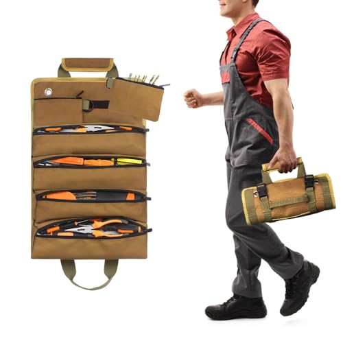 HOOTO Tool Bag Roll Up Heavy Duty Rolling Tool Bag Portable Tool Storage Box with 2 Detachable Zipper Pouch Compact Small Carrier Bag for Electrician Mechanic Father Day Dad Gifts toolkit