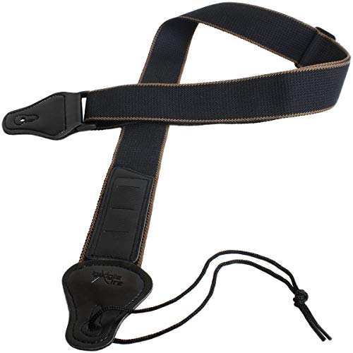 iGadgitz Xtra U6989 - Correa Guitarra Eléctrica Guitar Strap - Pick Holder Acústica Bajo Correa Guitarra Clasica de Algodón y Piel PU con extremos de cuero PU - Líneas de Borde Negro/Marrón