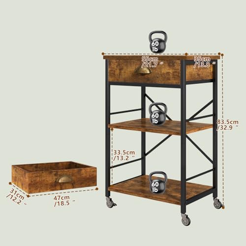 IBUYKE - Estante para panaderos de cocina con cajones, soporte para horno de microondas de 3 niveles con almacenamiento, mesa de café con ruedas, estante ajustable, montaje simple, color marrón - imagen 4