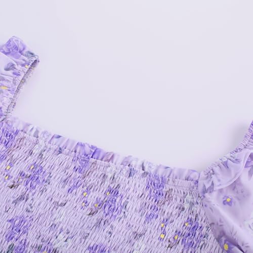 Image of Scarlet Darkness Floral Dress for Women Summer Puff Sleeve Square Neck A Line Flowy Wedding Guest Tea Party Dresses