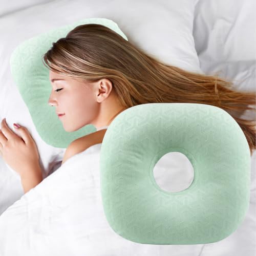 Wuronsa Ear Piercing Pillow with Hole for Cartilage Piercings, CNH Support (LightGreen Herringbone)