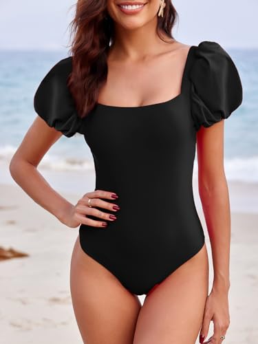 Saodimallsu Womens One Piece Swimsuit Short Puff Sleeve Square Neck Sexy Backless Tummy Control Bathing Suit3