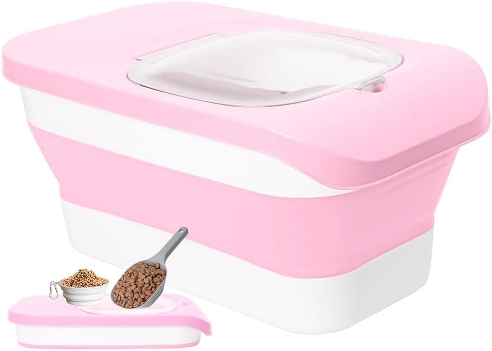 Wheeled Airtight Dog Food Storage, Collapsible, with Integrated Scoop for Dry Food