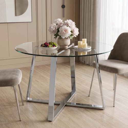 Image of Blisswood Round Dining Table, 4 Seater Tempered Glass Dining Table with Chrome Cross Legs, Glass Kitchen Table with Adjustable Foot Pads, Modern Dining Room Furniture for Breakfast & Home