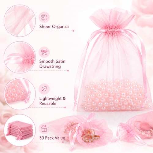 Image of Hopttreely Pink Organza Bags 4x6 Inch, 50PCS Premium 23X30 Density Mesh Drawstring Gift Bags for Women Jewelry Candy Sachet Goodie Graduation Birthday Wedding Baby Shower Party Favors