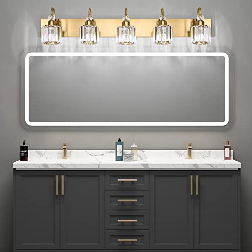 Image of Ralbay Crystal Vanity Lights 5-Lights Brass Gold Over Mirror Modern Bathroom Wall Lighting Fixtures