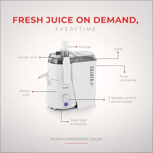 Sujata Powermatic Juicer |900 Watts Double Ball Bearing Motor|22000 RPM|Non-Stop 90 Mins Running| Centrifugal Juicer | White view 2