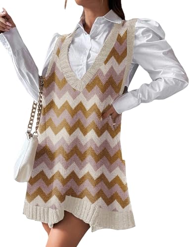 Image of Zeagoo Womens Sweater Vest Dress Pattern Knitted Pullovers Sweaters V Neck Tank Sweater Dress with Pockets