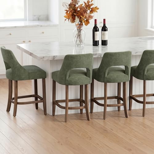 Image of UVV Bar Stools Set of 3, Upholstered Counter Height Bar Stools, Modern Counter Stools with Wood Legs for Kitchen Island Dining Room Bar, Green