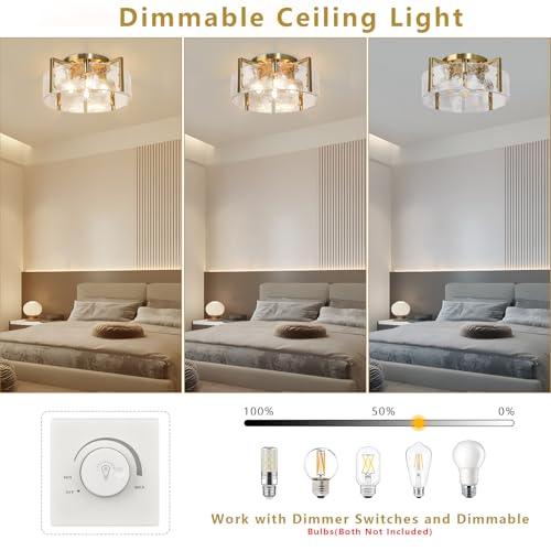 Gold Flush Mount Ceiling Light, 17.7'' Modern Ceiling Lights Fixture with Clear Hammered Glass Shade, 4-Light Drum Chandelier Lighting Fixtures for Kitchen Bedroom Dining Room Entryway Foyer Hallway by BLUSUN - Used condition - Image 6
