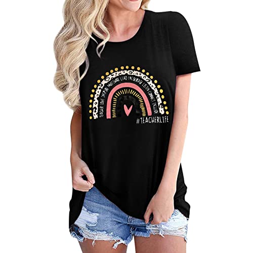 Women Summer Teacher Life Heart Graphic Print Short Sleeve Shirt Travel Shirt Tops Short Women Black #TOP10
