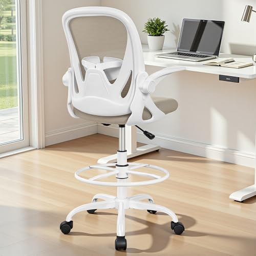 Image of Primy Drafting Chair Tall Office Chair with Flip-up Armrests Executive Ergonomic Computer Standing Desk Chair with Lumbar Support and Adjustable Footrest Ring(Khaki)