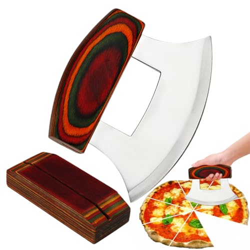 Cortador De Pizza Alaska - Slicer De Balancín De Acero Inoxidable Con Soporte De Madera, Cuchillo Ulu Ergonómico | Cuchilla Curva De Agarre Antideslizante Para Cortar Ensalada, Herramienta De Corte De