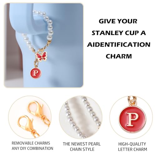 Image of Accessories for Stanley Cup Pearl Chain Initial Accessoriess for Handle Stuff Decor Water Bottle Jewelry Tumbler Cute Simple Modern Personalized Name ID Decorations Letter Red Tag P