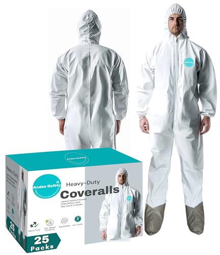 Andes 25 Pack Hazmat Suits, Protective Coveralls with Boots, Heavy Duty Full Body Disposable Painters Suits, Lab Coveralls (X-Large)