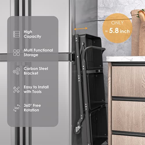 Dtk 3 Tier Foldable Metal Rolling Cart, Metal Trays Utility Cart With Handle And Wheels, 3 Hanging Cups And 6 Hooks Storage Organizer Cart, Collapsible Kitchen Cart For Bathroom Office Kitchen(Black) #TOP5