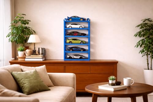 Image of 6-Car Display Rack - Premium Matte Black Tabletop Organizer with Tire Slots & Side Guards for 1:64 Scale Diecast Cars (Hot Wheels, Matchbox, Tomica,)(NO CAR INCLUDED) (Blue)
