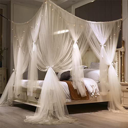 VETHIN 4 Corners Post Princess Bed Canopy Curtain Double Layer Cozy Drape Netting 4 Opening Mosquito Net for Girls & Adults Bedroom Decoration Accessories (Double White, 64" W*82" L*82"*H/(Queen)) by VETHIN - Image 4