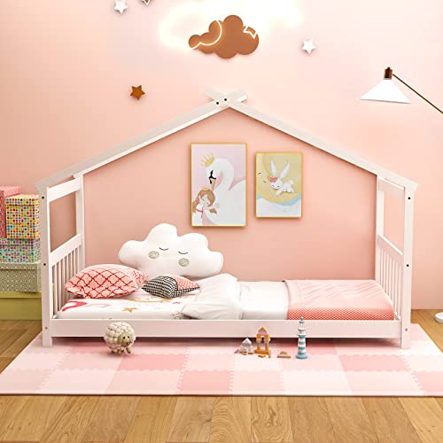 Giantex House Bed Twin, Solid Wood Kids House Bed With Roof, Headboard And Footboard, Low Floor Twin Bed Frame For Toddlers Teens Girls Boys, No Box Spring Needed, White #TOP3