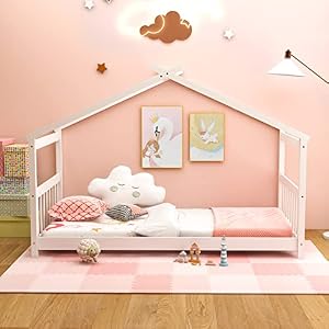 Giantex House Bed Twin Solid Wood Kids House Bed with Roof Headboard and Footboard Low Floor Twin Bed Frame for Toddlers Teens Girls Boys No Box Spring Needed White
