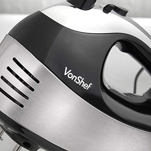 VonShef Hand Mixer Electric Whisk Food Mixer for Baking with 5 Speeds, 400W, 2 Stainless Steel Beaters, 2 Dough Hooks & Balloon Whisk, Easy Clean, Turbo Boost, Eject Button, Compact Black