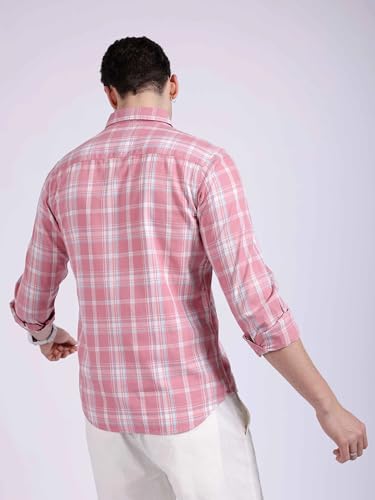 Image of Men's Casual Pink Plaid Button-Down Shirt - Pastel Pink & White, Lightweight Summer Checkered, Slim Fit Long Sleeve Casual Shirt