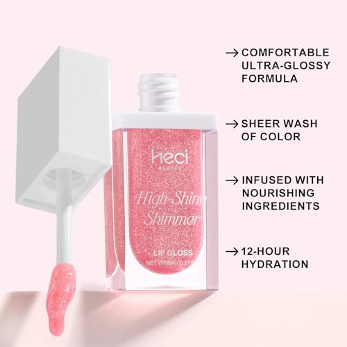 HECI BEAUTY Glitter Lip Gloss, Hydrating High Shine Lipgloss for Women, Non-Sticky Plumping Lip Oil with Vitamin E, Long Lasting Shimmer Finish for Daily Makeup, Candy Pink 0.21 fl oz — view 3