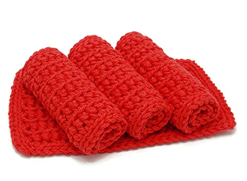 Set of 4 Handmade Red 4 inch x 7 inch Rectangular Shaped Crochet Cotton Dishcloths