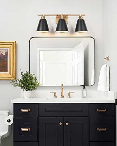 Image of 23-Inch 3-Light Black and Gold Farmhouse Bathroom Vanity Light | Metal shades, white interiors, 3 E26 sockets (60W max, no bulbs), dimmable, ETL listed, hardware, for mirror & bedroom