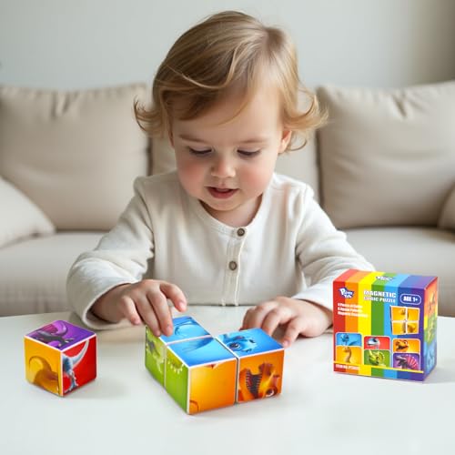 Image of Pairez Toys Magnetic Blocks for Toddlers, Dinosaur Toys Puzzle Cubes for Kids, Sensory Toys for Kids Ages 1-3 Year Old Boys & Girls, 6 Dinosaur Building Ideas