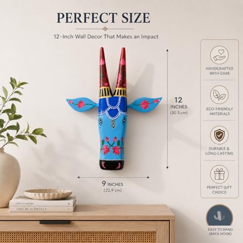 Image of Framing Hub - Handcrafted Multicolor Wooden Cow Head Wall Hanging | Ethnic Indian Wooden Art | Decorative Animal Face Mask for Home Decor | Nandi Style Painted Wall Sculpture