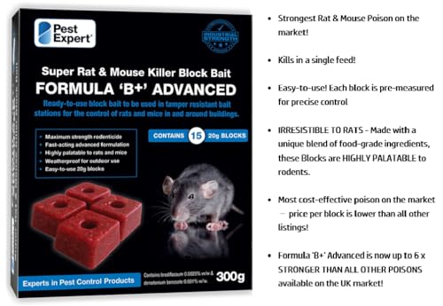 PEST EXPERT Advanced Rat & Mouse Poisoning Super Strength Bait Blocks (900g – 45 Blocks) Single-Feed Fast Acting Rat & Mouse Killer, Rat Poison Block Bait for Indoor & Outdoor Rodent Bait Box Station