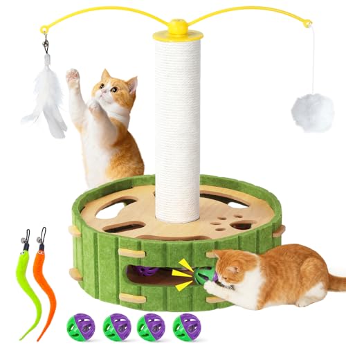 Interactive Cat Toys Box,Cat Scratching Post with Rotating Teaser Wand,Teasing Box,with Hanging Balls and Feathers,4 Bell Balls,2 Mouse Tails,Cat Puzzle Toy,14in for Kittens or Smaller Cats