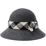 Mokkpeq Femmes Hiver Cloche Chapeau Dame Laine Feutre Fedora Chapeaux Large Bord Formel Église Casquette avec Ruban Perles
