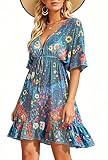 Vestido Mujer Escote Profundo Mangas con Volantes Falda Volante Cordón Cintura Cubrebañador Playa Verano