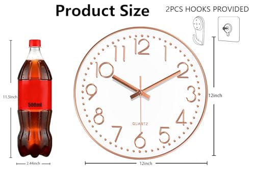 Image of Modern Silent Wall Clock - 12 Inch Wall Clocks Battery Operated Large Number, Non-Ticking Analog Clock with Tempered Glass Quartz Clocks for Living Room Bedroom Office Kitchen, Rose Gold