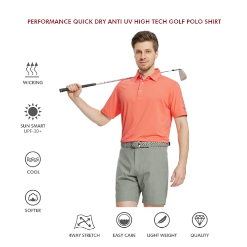 Mens Polo Shirts Short Sleeve Dry Fit Moisture Wicking Tech Performance Casual Sport Solid Golf Shirts for Men Melon — view 5