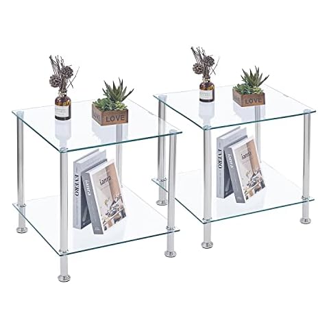 paonne 17.72“ Square Glass End Table Set of 2 Living Room Sofa Side Table with Silver Metal Legs, Modern Balcony Glass Side Table for Small Space Cover