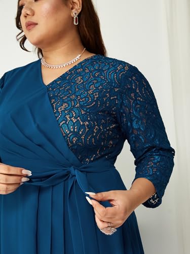 Image of Miss Chase A+ Women's Floral Printed Relaxed Fit V -Neck 3 /4Th Sleeve Georgette Maxi Dress