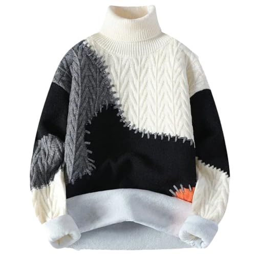 Men’S Fleece Knitted Turtleneck Pullover Sweater Warm Patchwork Loose Casual Streetwear Long Sleeve Jumper Top
