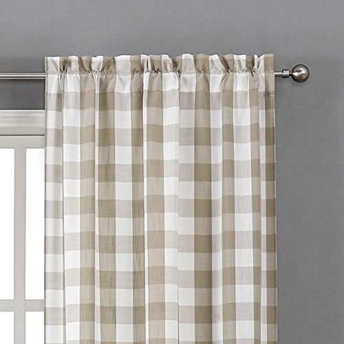 Tan Gingham Buffalo Plaid Window Curtain Panel 84 Inch Length, Beige Buffalo Checkered Gingham Geometric Rod Pocket Window Treatment, Rustic Farmhouse Drapes For Bedroom,Living Room, 27"X84", Linen #TOP1