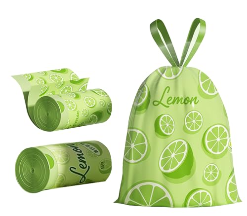 100pcs 4 Gallon Trash Bags Drawstring Tear-Free Separated Plastic Can Liner for Bathroom Office Home Bedroom Small Garbage Basket Bags (green lemon, 100Counts)