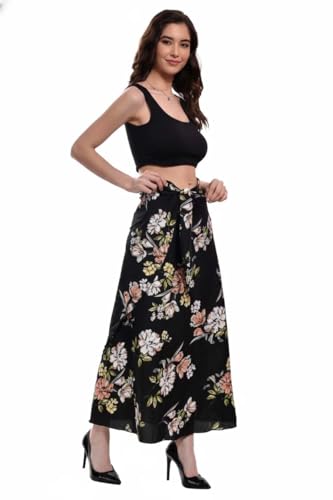 Image of Women's Floral & Animal Print Wrap Skirt - Midi Length A-Line Summer Skirt with Side Tie-Up, Tropical Cheetah Tiger Casual Beach Wear