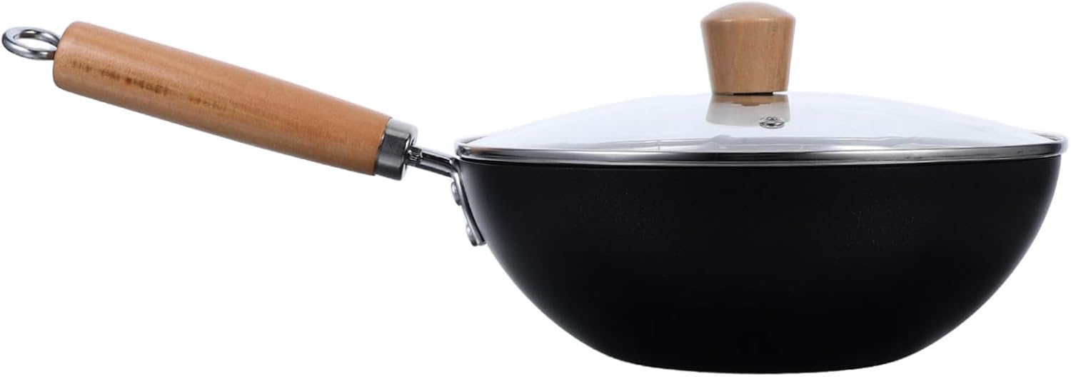 Convenient Stir Fry Wok Pan Mini Iron Frying Pan with Lid Versatile Cooking Skillet for Gas Stove Wooden Handle Space-saving Design