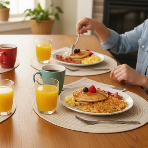 Image of SHACOS 15 inch Round Placemats Set of 6, Cotton Polyester Woven Braided Place Mats, Washable Heat Resistant Circle Table Mats for Dining Table (Beige, 6)