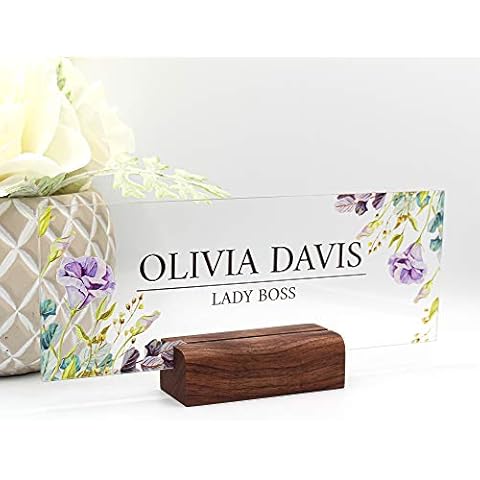 Customizable Acrylic Desktop Name Plate Featuring Floral Design and Solid Wood Base - 8"x3" (Floral) Cover