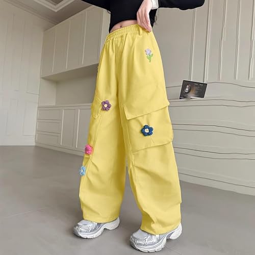 Girls Baggy Cargo Sweatpants Wide Leg Elastic Waist Loose Y2K Pink Cute Joggers Dance Workout (Yellow, 13-14 Years)4