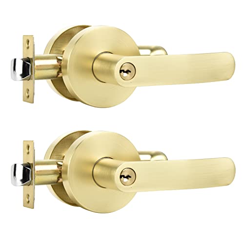 Leydebong 2 Pack Heavy Duty Complete Exterior Keyed Entrance Handleset(Keyed Alike), Light Gold Door Handle, Lever Door Handle, Left Or Right Handing, Door Handle With Lock And Key #TOP21