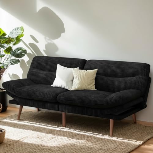 PERLECARE Convertible Futon Sofa Bed, 66" Corduroy Futon Couch with Adjustable Backrest and Armrests, 3-in-1Recliner Sleeper Sofa for Small Spaces, Play Room,Living Room or Office（66 in,Black）